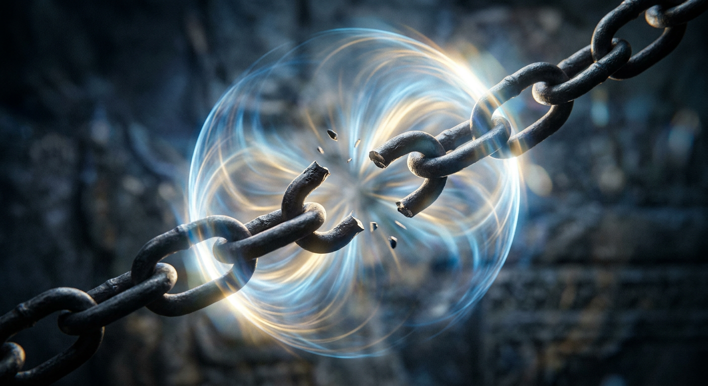 Rusty metal chain breaking at the center with glowing swirling energy